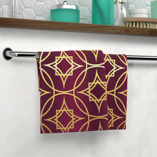 Gilded Geometric Face Towel – Luxurious Burgundy & Gold Pattern