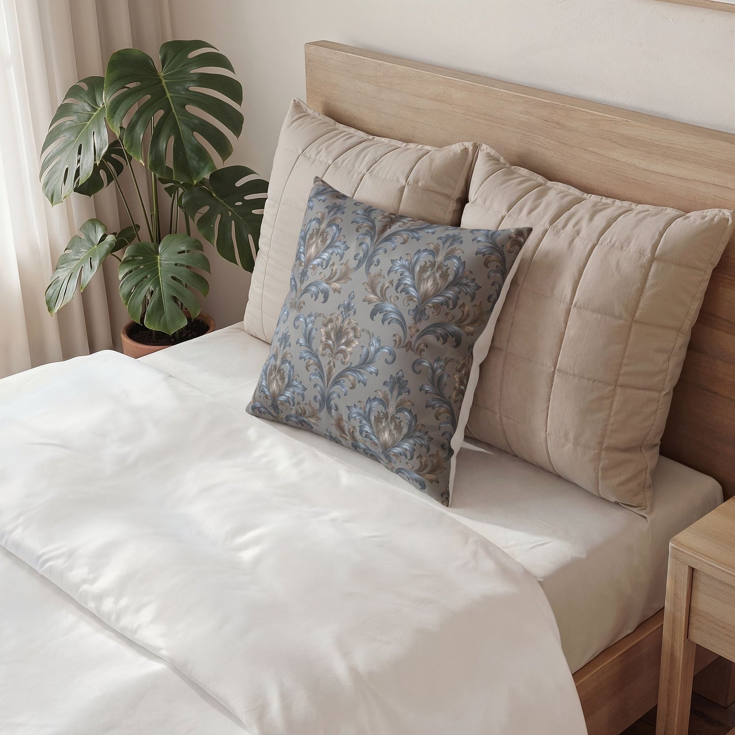 Elegant Blue Gray Damask Motif Velvet Pillow — Luxurious Decorative Throw Cushion