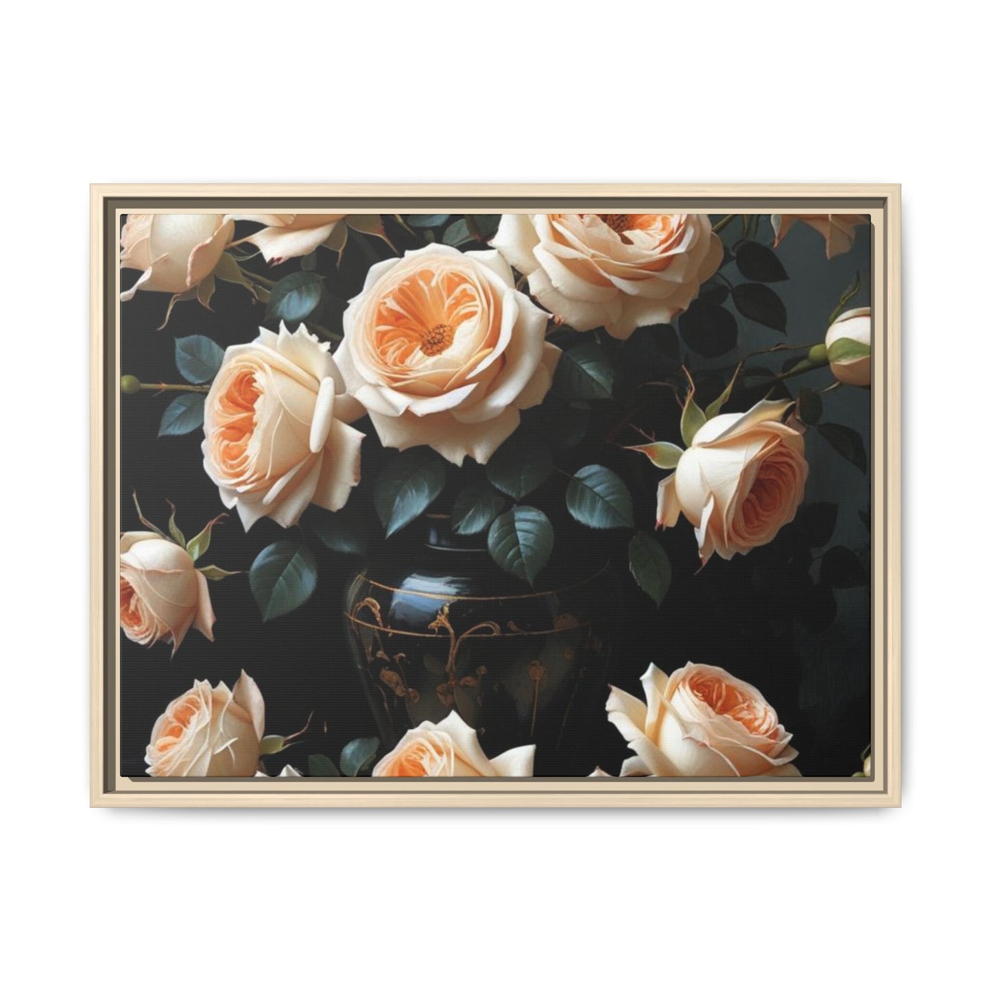 Peach Roses in Black Vase Floral Framed Matte Canvas Print