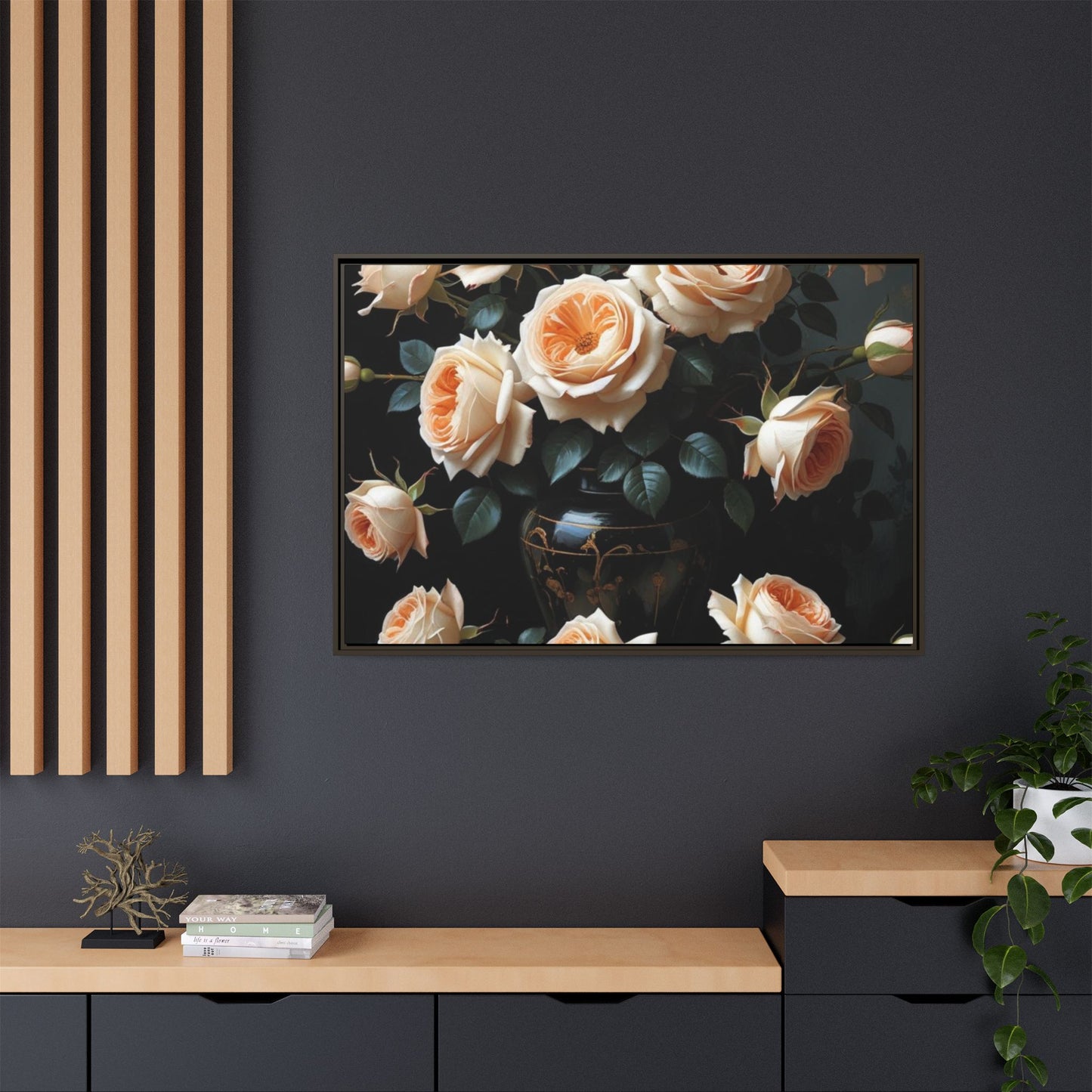 Peach Roses in Black Vase Floral Framed Matte Canvas Print