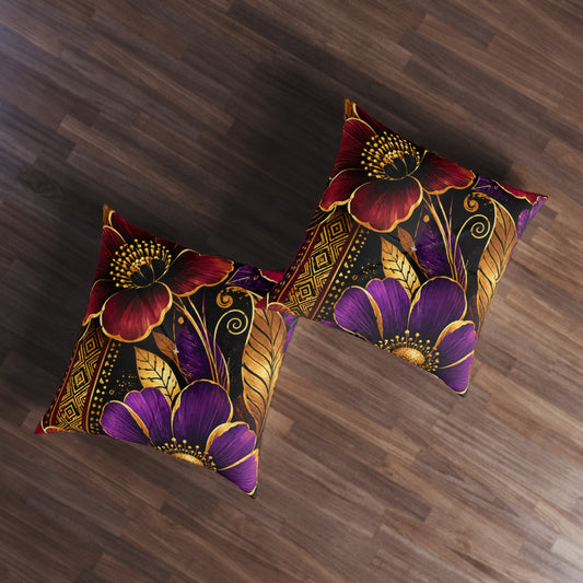 Zuri Garden Tufted Floor Pillow — Purple & Gold Decorative Cushion