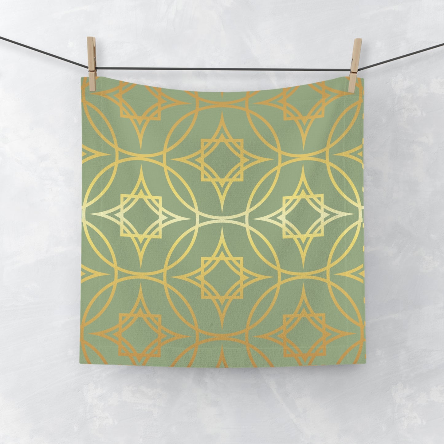 Gilded Geometric Sage Green & Gold Face Towel — Decorative Spa Hand Cloth