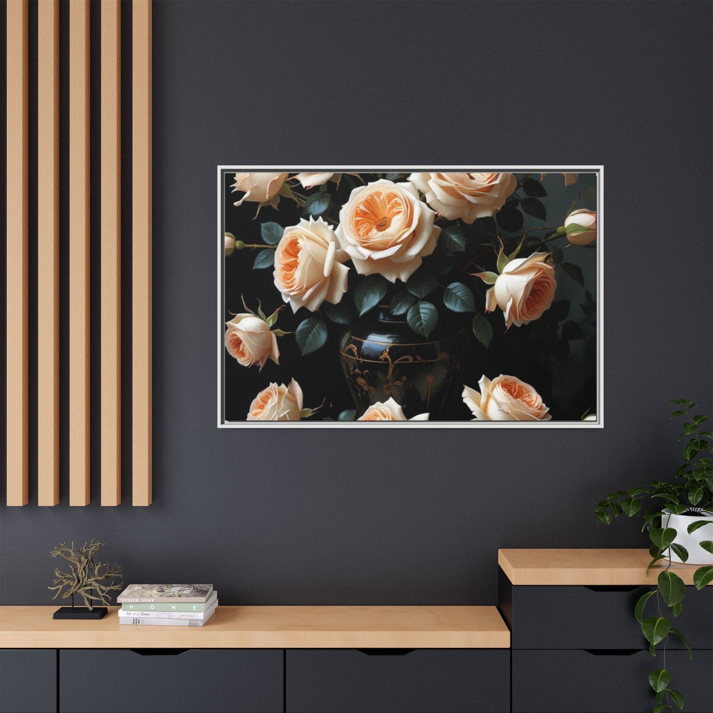 Peach Roses in Black Vase Floral Framed Matte Canvas Print