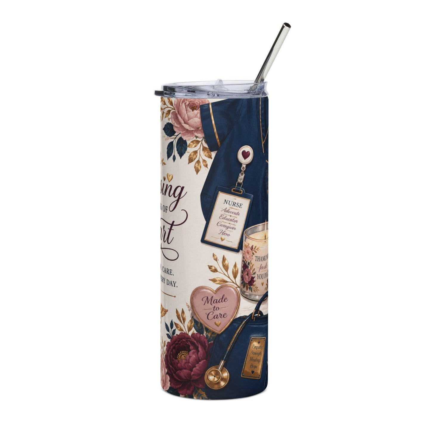 Nursing Is a Work of Heart 20oz Stainless Tumbler — Floral Nurse Gift