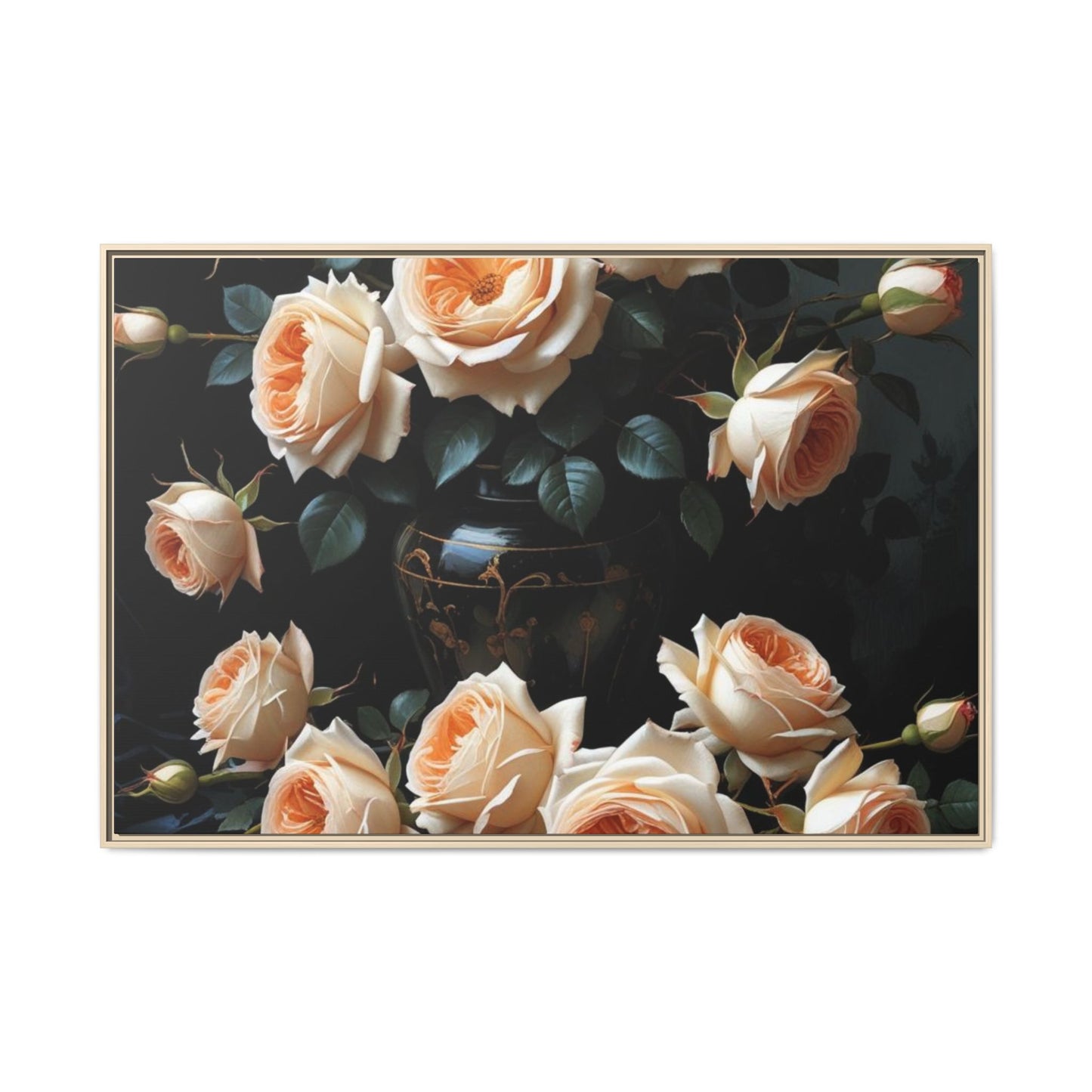 Peach Roses in Black Vase Floral Framed Matte Canvas Print