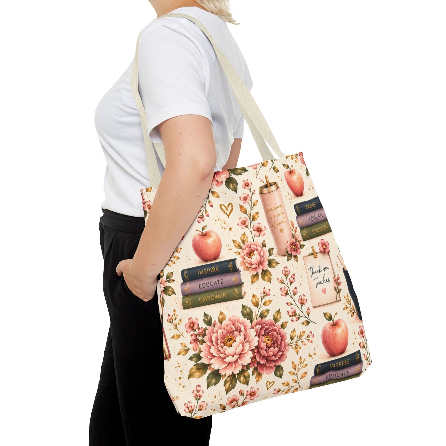 Teacher Appreciation Tote Bag - 'Thank You Teacher' Book & Apple Pattern