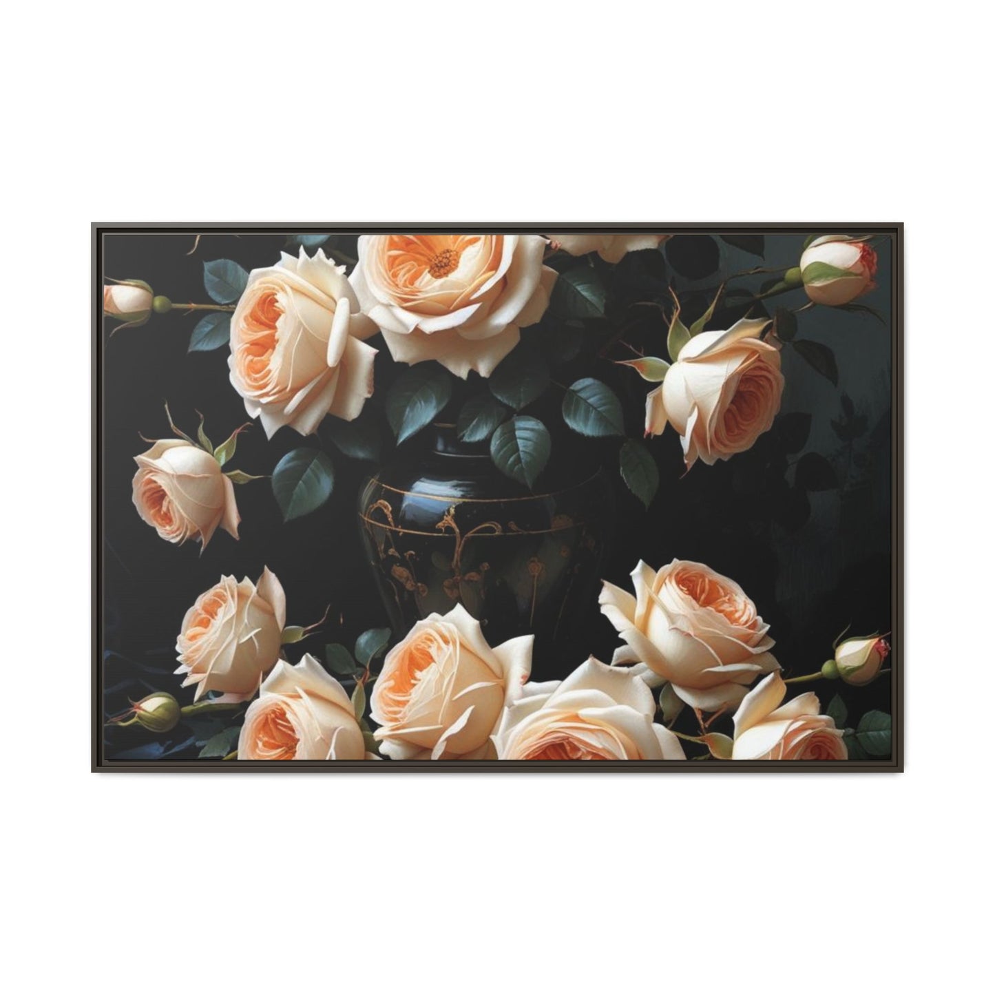 Peach Roses in Black Vase Floral Framed Matte Canvas Print