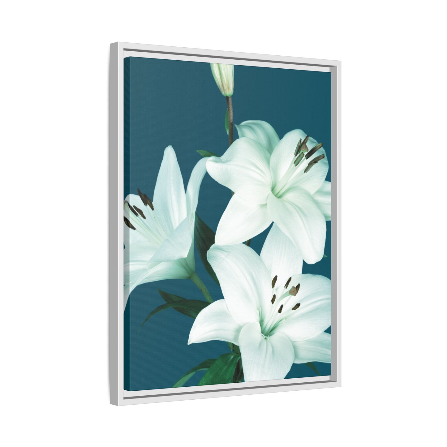 Teal Wave White Lily Botanical Framed Canvas Print