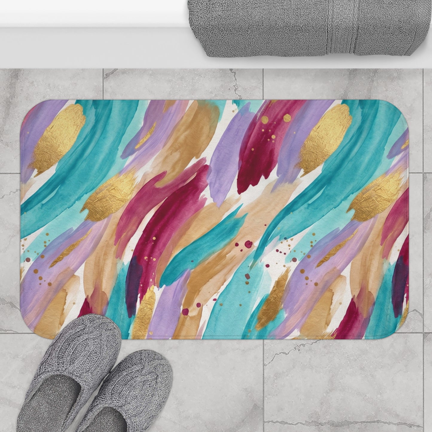 Abstract Watercolor Brushstroke Bath Mat — Teal, Gold & Berry Bathroom Rug