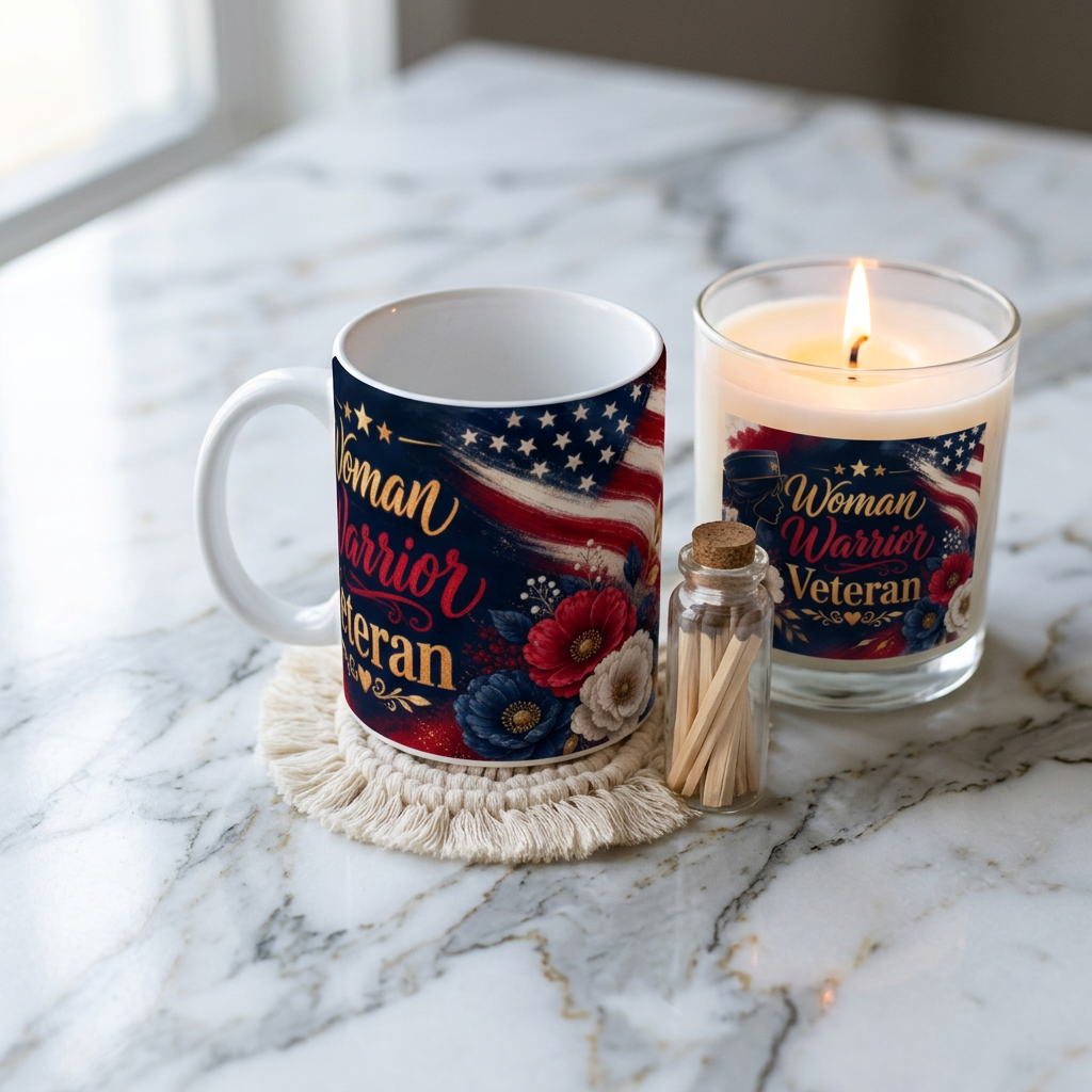 Woman Warrior Veteran 11oz Clear Candle & Mug Gift Set