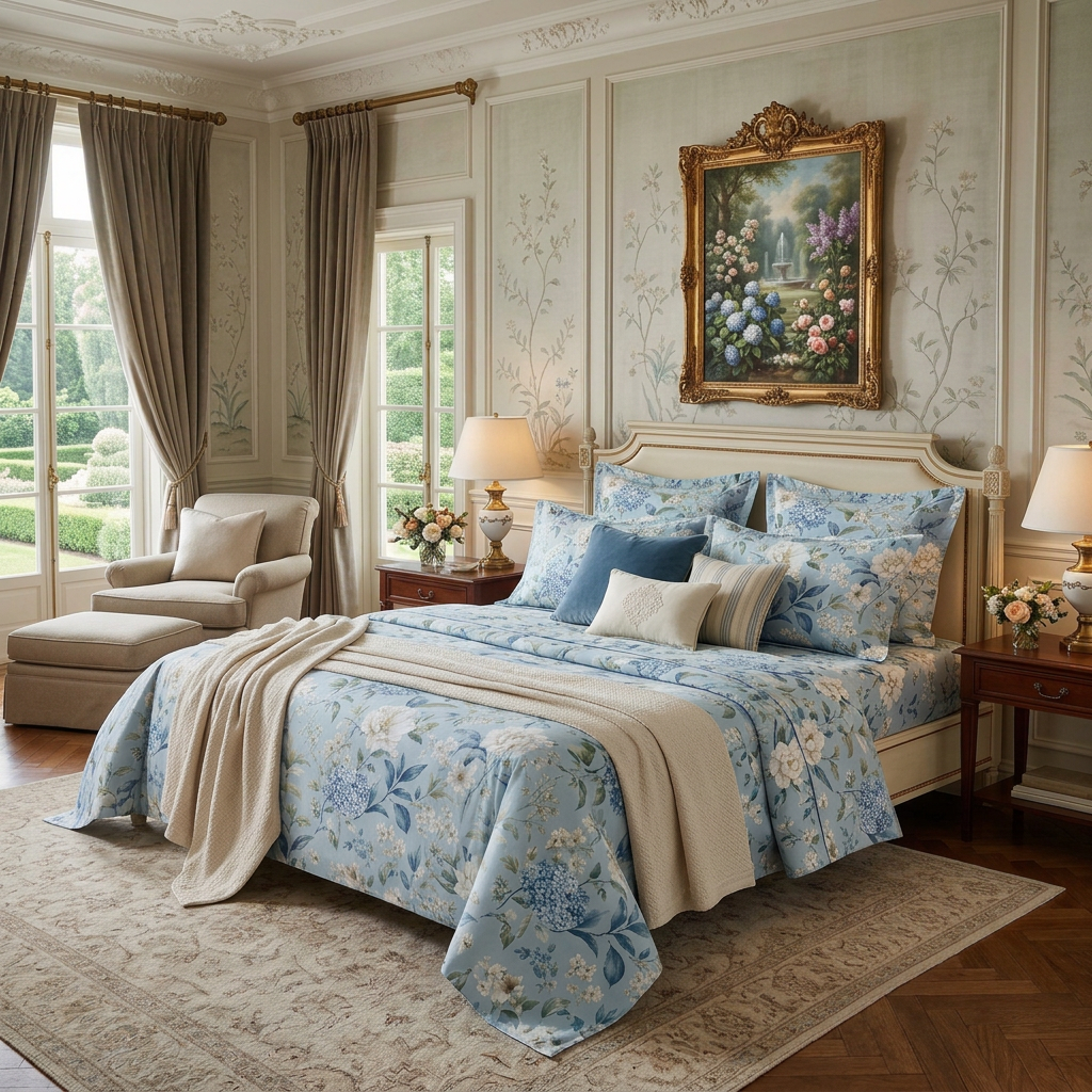 Blue Vintage Hydrangea & Peony Flat Sheet