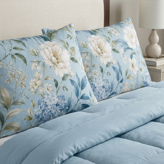 Blue Vintage Hydrangea & Peony Microfiber Pillow Covers