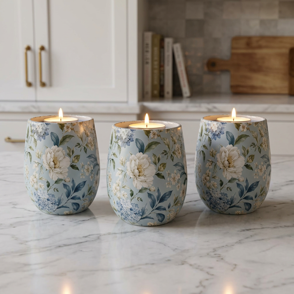Blue Vintage Hydrangea & Peony Glass Tealight Candle Holder