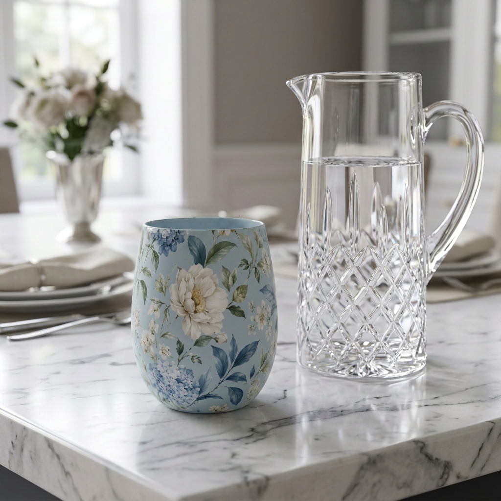 Blue Vintage Hydrangea & Peony Water Glass