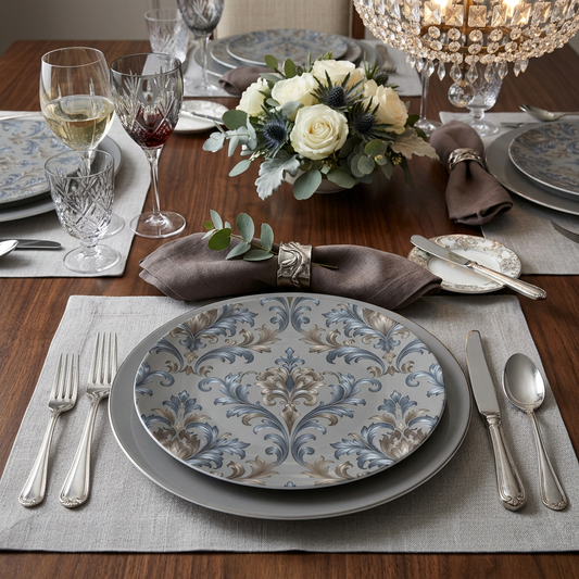 Elegant Blue & Gray Damask Motif China Plates