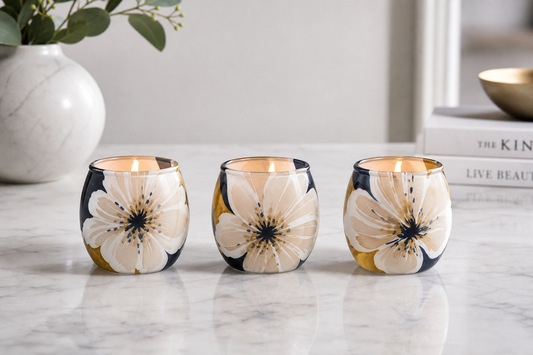 Floral Gold & Navy Glass Tealight Candle Holder