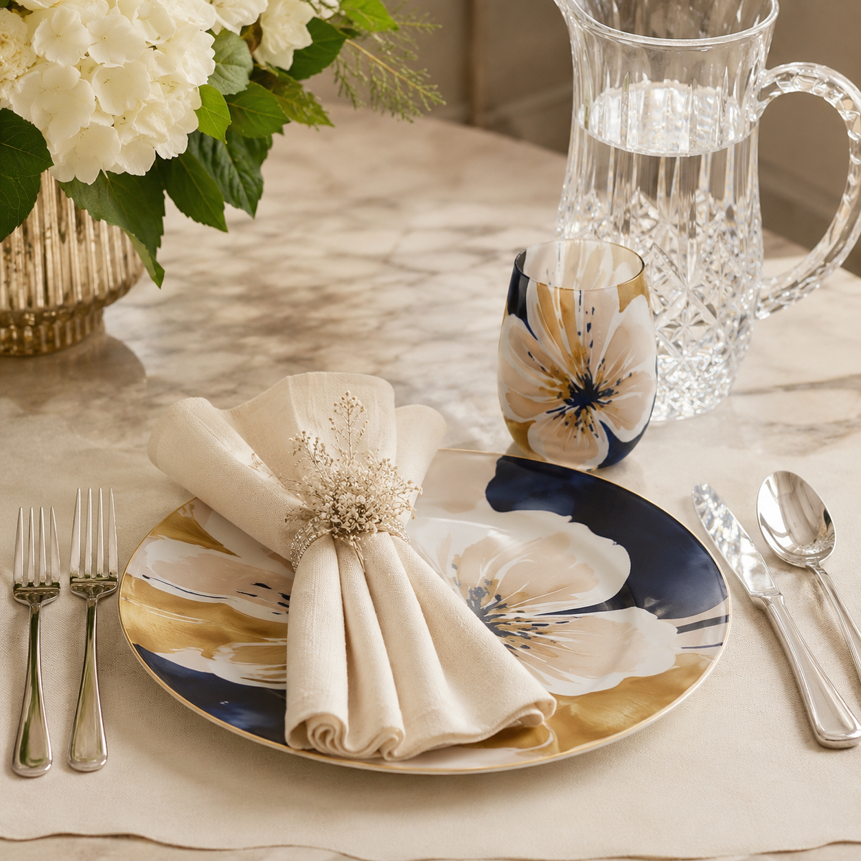 Floral Gold & Navy Water Glass