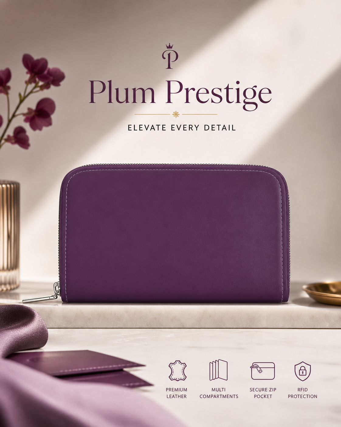 Plum Prestige Leather Zip Wallet