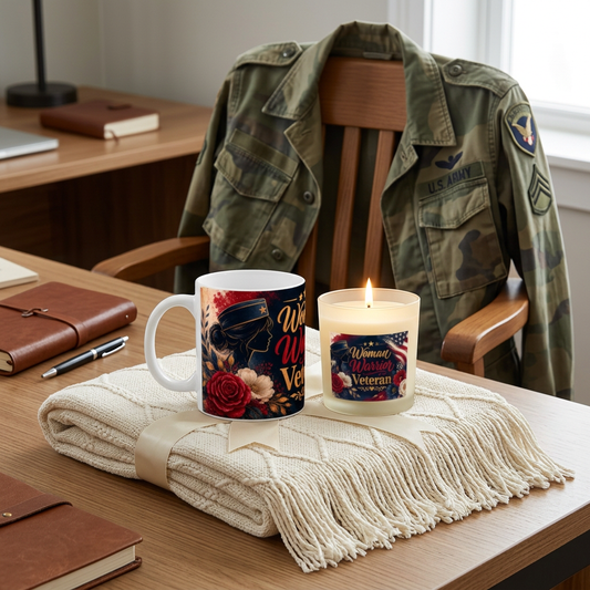 Woman Warrior Veteran 11oz Candle with Mug & Blanket Gift Set